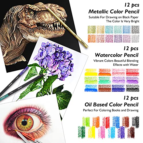 Caliart 176PCS Art Supplies Sketching Kit, 100 Sheets 3-Color Sketch Book - color: Black
