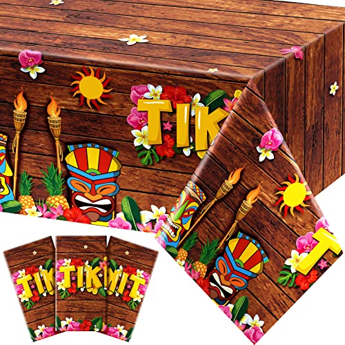 Frienda 6 Pcs Tiki Tablecloth Luau Table Cover Hawaiian Decor, Retro Style | Disposable for Luau Beach Party Decor, Tiki Totem Mask Print, Easy Cleanup Plastic Cover for Aloha Tropical Themed Events - style: Retro