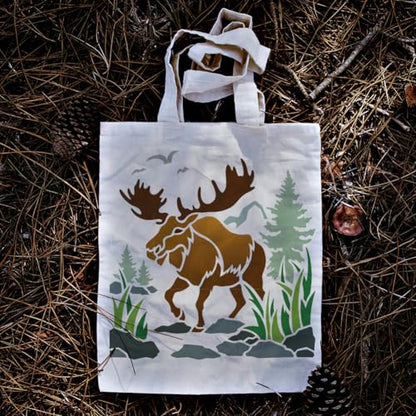 Moose in The Woods Wall Stencil, 11.8x11.8 Inch Reusable Outdoor Stencil for Painting on Wood, Floor, Wall and Fabric - style: Moose