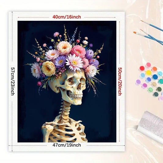 Skeleton Paint by Numbers Kit for Adults - DIY Skeleton with Floral Crown Painting on Canvas 16x20 inches, Frameless Acrylic Paint Set, Suitable for Beginners, Art for Home Decoration or Gifts