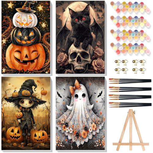 Paint by Numbers for Adults Halloween with Framed Canvas - Wooden Easel | 4 Pack Halloween Paint by Number on Canvas, DIY Acrylic Oil Painting Kits with Brushes for Home Wall Decor (8x12 inch) - color: BKH2693+BKH2694+BKH2695+BKH2696