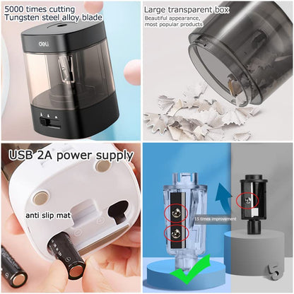 Electric Pencil Sharpener,5000 Times for Blade,Interchangeable Blade,3 Years Warranty,Battery/2A USB Powered,Suitable for 6-8mm,Extra Free Blades, for Home, Office, School (Black) - color: Black