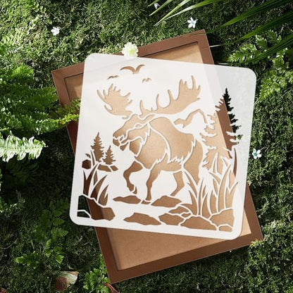 Moose in The Woods Wall Stencil, 11.8x11.8 Inch Reusable Outdoor Stencil for Painting on Wood, Floor, Wall and Fabric - style: Moose