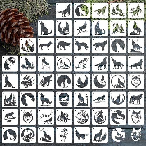 Wolf Stencils for Painting, 56 Pcs 3 Inch for Journals Wood Signs Cards | Reusable & Easy to Clean, Forest Wildlife Patterns, Nature Gift Tags, Canvas Accents, Gifts for DIY Crafters - color: Wolf