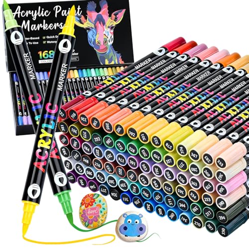 168 Colors Acrylic Paint Markers Pens Set, 84 Pack Dual Brush Tip Acrylic Paint Pens, Coloring Markers for Rocks, Wood, Canvas, Ceramic, Glass Painting Gifts for Teens, Art Painting Supplies Kit - color: 168 Colors Dual Brush Tip