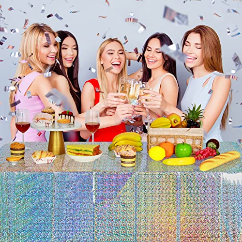 4 Pack Iridescent Plastic Tablecloths Shiny Disposable Laser Rectangle Table Covers Holographic Foil Tablecloth Iridescent Party Decoration Birthday Bridal Wedding Christmas 54"x108"(Silver) - color: Silver