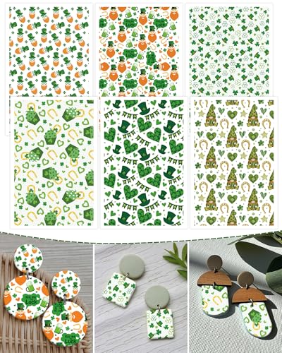 St Patrick‘s Day Clay Transfer Paper, 18 Pcs Irish March 17th Festival Clover Shamrcock Gnome Polymer Clay Transfer Sheets for Earrings Jewelry Making - color: leprechaun