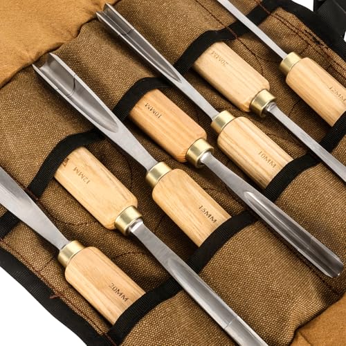 7-Piece Wood Carving Chisel Tools Set, Sharp CR-V Steel Blades | Precision woodworking tool kit with ash handles & canvas bag. Razor sharp 60CR-V blades for beginners and professionals - size: 7-Piece with Ash Handle