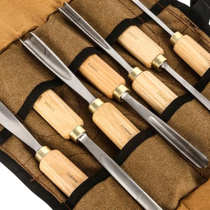 7-Piece Wood Carving Chisel Tools Set, Sharp CR-V Steel Blades | Precision woodworking tool kit with ash handles & canvas bag. Razor sharp 60CR-V blades for beginners and professionals - size: 7-Piece with Ash Handle