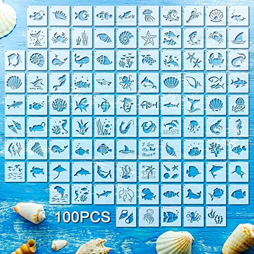 Fainne 100 Pcs 2 Inch Ocean Stencils Small Stencils for Painting | Reusable Craft Stencils, DIY Scrapbook, Wood Wall Fabric Rock Chalkboard Sign Painting, Home Art Decor Projects - style: Marine Life