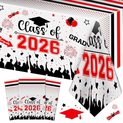 Graduation Decorations Class of 2026 Tablecloth - 3 Pcs Plastic Congrats Grad Table Cloth, Graduation Table Cover for Graduations Party Decorations 2026 and Party Supplies, 54"x108" (Red and Black) - color: Red and Black