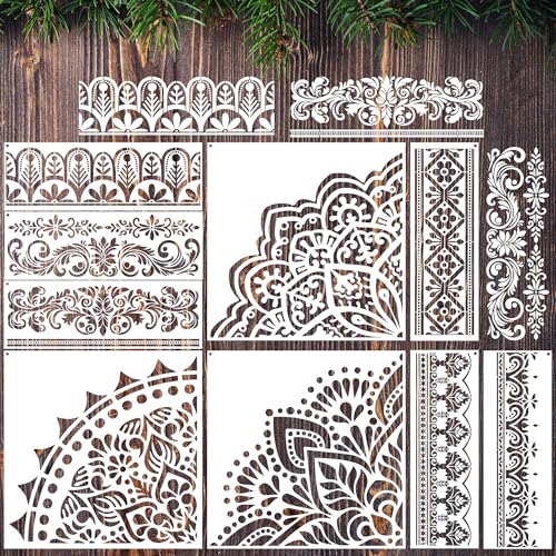 Sitsink Mandala Stencils for Crafts Reusable - 9 Pcs Border Stencils for Wall Decor Large Mandala Pattern Template Home Decor Furniture Rug Table Painting - style: border with mandala