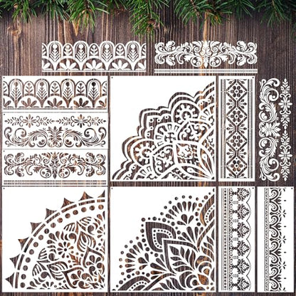 Sitsink Mandala Stencils for Crafts Reusable - 9 Pcs Border Stencils for Wall Decor Large Mandala Pattern Template Home Decor Furniture Rug Table Painting - style: border with mandala