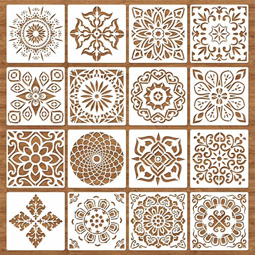16 Pcs Mandala Stencils, 6x6 Inch Reusable Painting Templates for DIY Craft | Pet Material, Smooth Edges, Reusable Mandala Designs, Washable, for Wood, Rock, Walls, Paper, Fabric, and Scrapbook Cards - style: Mandala Stencils-2