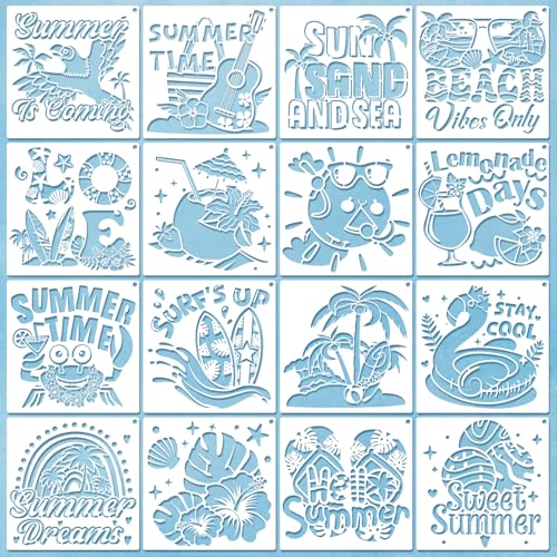 Konsait 16 Pack Summer Stencils, 6" Reusable Hello Summer Palm Tree Sun Tropical Animals Beach Stencils for Painting, DIY Crafts, Wall, Wood, Shirts, Canvas and More