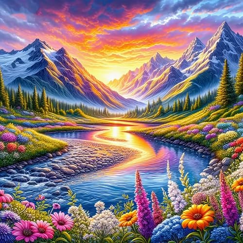Paint by Numbers Kit for Adults, Mountain River & Wildflower, 16x16 Inch | DIY Acrylic Painting Kit on Canvas for Beginners, Relaxing Arts & Crafts for Stress Relief, Home Wall Decor & Gift - color: HMOP251012