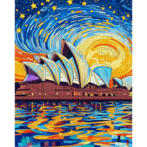 Sydney Opera House Paint by Numbers Kit for Adults Beginner Starry Night Oil Painting Kit Adult Paint by Number Kits on Canvas DIY Painting for Beginners Art by Numbers for Gifts Wall Decor 16x20 Inch - color: YF023
