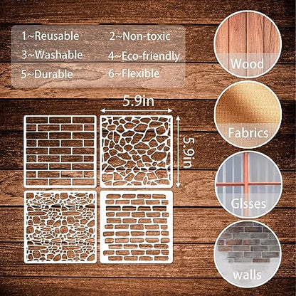 12 Pieces Brick Stencil Template, 6" x 6" Brick Wall Stencil Reusable Crafts Stencils for DIY Crafts Cookie Cake Journaling Scrapbooking Card Making Airbrushing Painting or Mixed Media (12-Brick) - style: 12-Brick