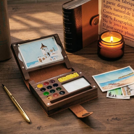 IDEAPLUS Walnut Folio Watercolor Kit, Leather Cover 12-Well Wood Travel Paint Set, Includes Collapsible Brass Brush, Spray Bottle, Sponge, Portable Art Sketching Box for Artists
