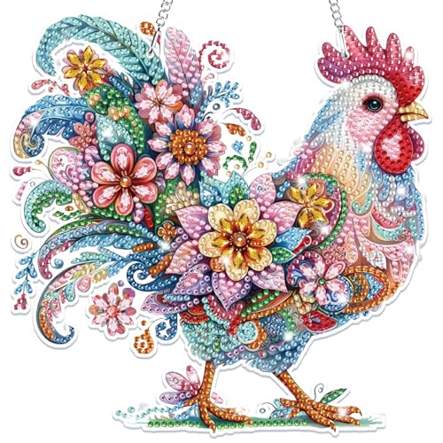 Bowetile Chicken Hanging Diamond Art Kits for Adults, 5D Special Shape Diamond Painting Rooster Kits, Crystal Diamond Gem Art Suncatchers Painting Pendant for Home Wall Decor - color: Rooster
