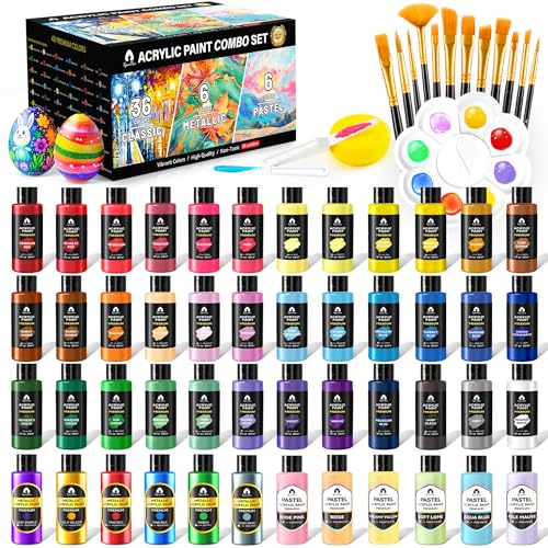 64 Pcs Classic & Metallic & Pastel Acrylic Paint Set with 12 Brushes, 2 Knives & Palette, 48 Colors (2oz/60ml) - for Adults, Kids, Artists & Beginners - Arts and Crafts Painting Kit - color: Mixed, size: 2 Fl Oz (Pack of 48)