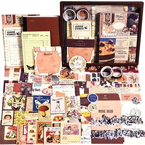 Scrapbook Supplies Kit, Vintage Junk journaling Supplies, Scrapbooking Kit | Stationary Set with Aesthetic Ephemera Stickers, Bullet Journaling Kit, Collage Craft Supplies Gift for Adults Women Starter - color: Cocoa Vintage