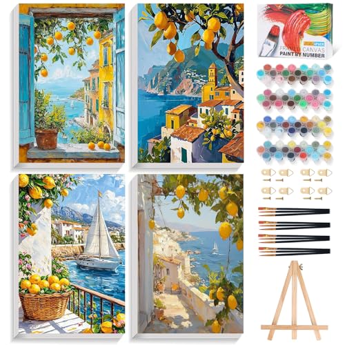 4 Pack Framed Paint by Numbers Kit for Adults Lemon Tree with Wooden Easel | With Frame Canvas 8x12 IN, For Adults Beginner, DIY Acrylic Painting Lemon, Stress Relief Craft Kits, Home Wall Decor Gift - color: FOP4P-06