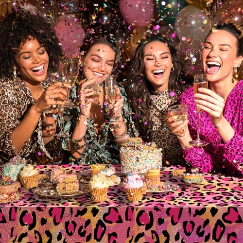 OQOQ Leopard Print Party Decorations Tablecloth (Pink and Gold, 4 Packs), 54x108inches Shimmer Shining Table Cloth Plastic Disposable Table Cover for Girl Sparkly Paint Splatter Cheetah Birthday Party