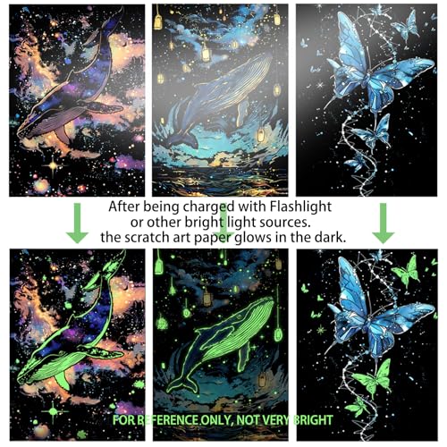 Iskueal Glow in The Dark Scratch Art Paper，Engraved Landscape Scratch Painting Rainbow Board (12 Sheets A4) Adults, Fun Sketch Card Creative Craft Toy (Animals/Landscapes) - color: (Animals/Landscapes)