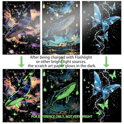Iskueal Glow in The Dark Scratch Art Paper，Engraved Landscape Scratch Painting Rainbow Board (12 Sheets A4) Adults, Fun Sketch Card Creative Craft Toy (Animals/Landscapes) - color: (Animals/Landscapes)