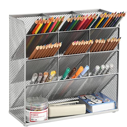 Marbrasse Mesh Desk Organizer, Multi-Functional Pen Holder, Desktop Stationary Organizer, Storage Rack for School, Home, Office, Art Supplies (Mesh Pen Holder-Silver) - color: Silver