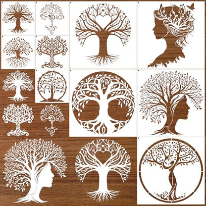 AFRTIEE Tree of Life Stencil Painting - 10 Pieces Large Nature Stencils for Crafts Reusable Wood Burning Drawing, Leaf Butterfly Plastic Painting Template for DIY Home Floor Fireplace Wall Decoration - style: Tree of Life Stencil