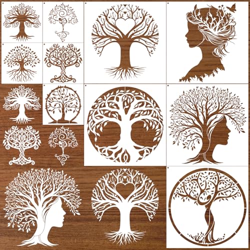 AFRTIEE Tree of Life Stencil Painting - 10 Pieces Large Nature Stencils for Crafts Reusable Wood Burning Drawing, Leaf Butterfly Plastic Painting Template for DIY Home Floor Fireplace Wall Decoration - style: Tree of Life Stencil