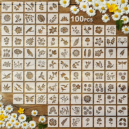 Fainne 100 Pcs 2 Inch Flowers Stencils Small Stencils for Painting | Reusable Craft Stencils, DIY Scrapbook, Wood Wall Fabric Rock Chalkboard Sign Painting, Home Art Decor Projects - style: Flower, Plants