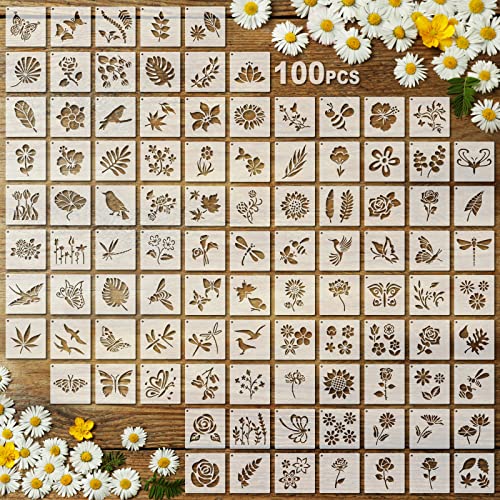 Fainne 100 Pcs 2 Inch Flowers Stencils Small Stencils for Painting | Reusable Craft Stencils, DIY Scrapbook, Wood Wall Fabric Rock Chalkboard Sign Painting, Home Art Decor Projects - style: Flower, Plants