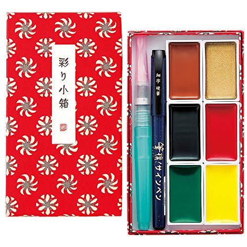 Kuretake IRODORI KOBAKO Red, Gansai Tambi 6 colors set, Handcrafted, Professional-quality pigment inks for artists and crafters, AP-Certified, Blendable, Show up on dark papers, Made in Japan - style: Small box/red