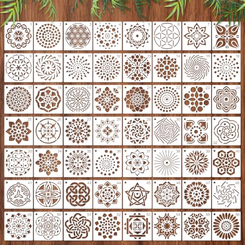 MWOOT 56 Pcs Mandala Stencils, Floral Templates for Painting on Wood, Tile, Stone, Canvas, Floral Stencils for Crafts Reusable, DIY Crafts Scrapbook Decor, 7.62x7.62 CM