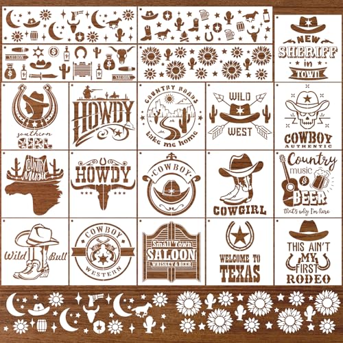 AFRITEE Western Cowboy Stencils for Painting - 20 Pieces Small Landscape Longhorn Skull Reusable Stencils for Painting on Wood, Country Music Beer Drawing Template DIY Home Wood Fence Rock Decoration - style: Western Cowboy