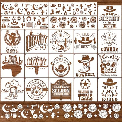 AFRITEE Western Cowboy Stencils for Painting - 20 Pieces Small Landscape Longhorn Skull Reusable Stencils for Painting on Wood, Country Music Beer Drawing Template DIY Home Wood Fence Rock Decoration - style: Western Cowboy