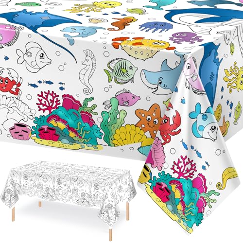 Giant Under The Sea Party Coloring Tablecloth for Kids - Huge Ocean Animals Theme Table Cover Large Under The Sea Shark Painting Poster for Children Birthday Party Supplies 54x108 Inch - color: Ocean