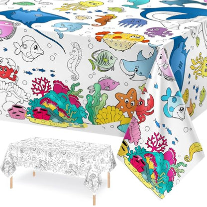 Giant Under The Sea Party Coloring Tablecloth for Kids - Huge Ocean Animals Theme Table Cover Large Under The Sea Shark Painting Poster for Children Birthday Party Supplies 54x108 Inch - color: Ocean