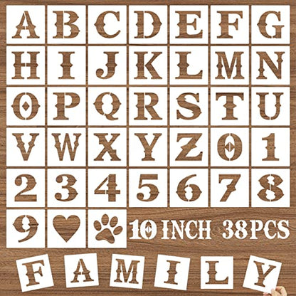 10 Inch Letter Stencils and Numbers, 38 Pcs Alphabet DIY Craft Stencils, Reusable Plastic Drawing Templates for Painting on Wood, Wall, Fabric, Rock, Floor, Signage, Door Porch - size: 10 Inch