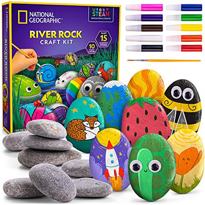 National Geographic Rock Painting Arts and Crafts Activity Kit for Kids | 15 River Rocks, 10 Paint Colors, Brushes and Art Supplies, Outdoor Craft Activity, Creative Play, Birthday Gift - style: Animal Fun