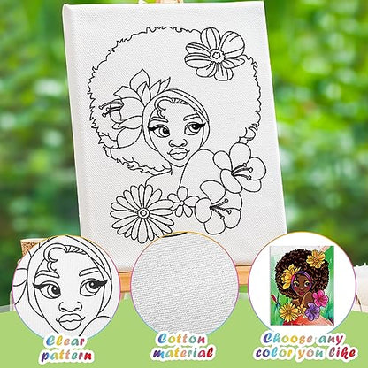 Chuangdi 10 Pcs Afro Queen Pre Drawn Canvas for Painting Pre Printed Paint and Sip Party Supplies 8 x 10 Inch Stretched Outline Board Painting Kit for Adults Beginner Artist DIY - style: Afro Queen