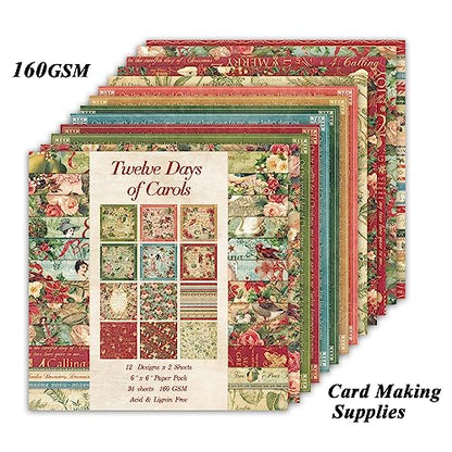 Scrapbook Paper, 24 Sheets 6"×6" 160gsm Single-Sided Patterned Cardstock - color: 24 sheets-carols