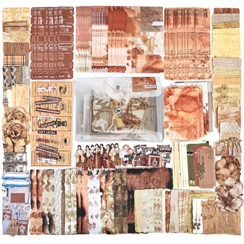 Diuhofart Vintage Scrapbook Kit, 225 Pieces Coffee Theme Scrapbook Supplies Journaling Kit for Women, Junk Journal, Scrapbooking, Scrap Book, Card Making, Crafts Arts - color: Coffee Scrapbook Kit