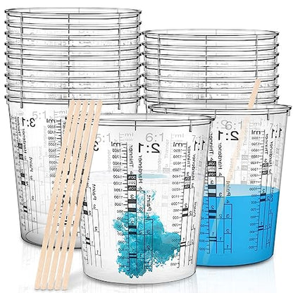24 Pcs 64 oz 1800 ml Paint Measuring Cups Mixing Cups with Graduated and 20 Pcs Paint Mixing Sticks Plastic Disposable Resin Automotive Epoxy Mixing Cup for Paint Kitchen Cooking Baking