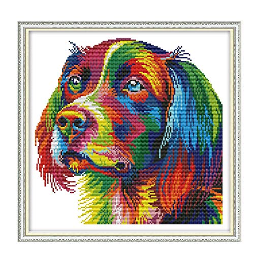 ITSTITCH Cross Stitch Kits Stamped for Adults 11CT 17X17 inch DIY Embroidery Starter Kits Easy Patterns Embroidery for Girls Crafts DMC Needlework Kits Preprinted Rainbow Dog Pattern - color: Stamped 13.6×13.6 inch