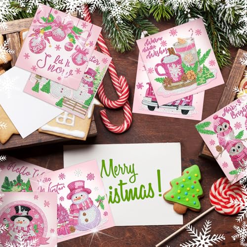 Saillong 12 Pack Pink Winter Diamond Painting Greeting Card Kits Winter Diamond Art Cards with Envelopes Snowman 5D Rhinestones Painting Making Kits for Adults DIY Craft Family Friend Holiday Gifts - color: Pink Winter