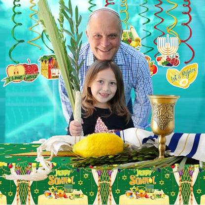 1Pc Happy Sukkot Party Plastic Tablecloth 54 x 87 Inch Long Table Cover, Jewish Fiesta Party Tablecover for Sukkah Let's Rejoice Kids Baby Shower Birthday Dinner Picnic Kitchen Event - color: Happy Sukkot